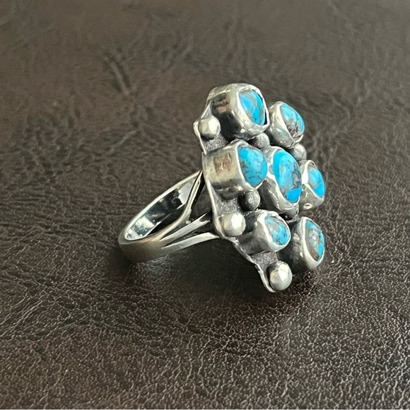 Vintage Turquoise and sterling silver cluster ring - Picture 7 of 10